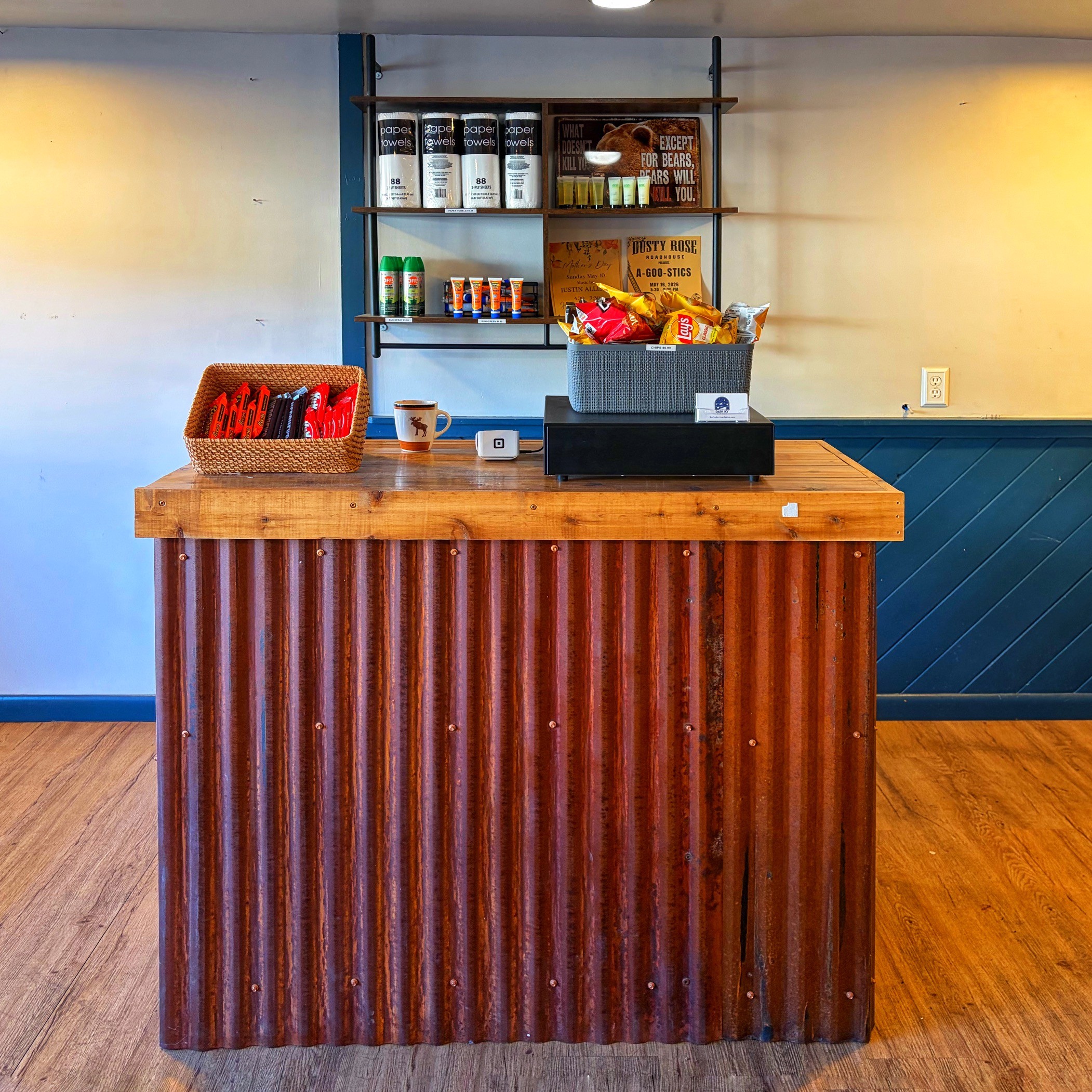 Cold drinks and snacks available at the checkout counter