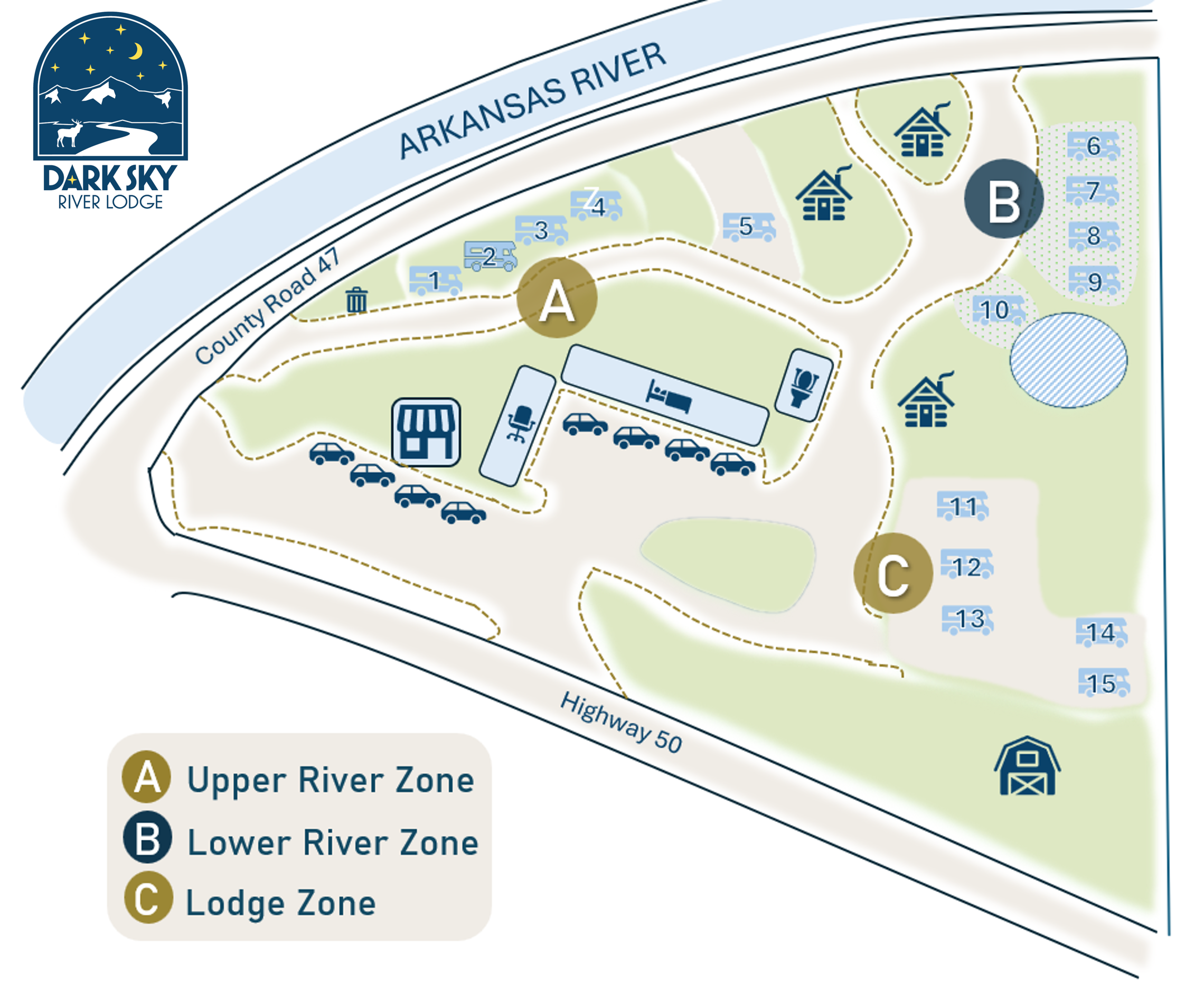 Interactive property map of Dark Sky River Lodge — shows RV sites, cabins, and amenities along the Arkansas River